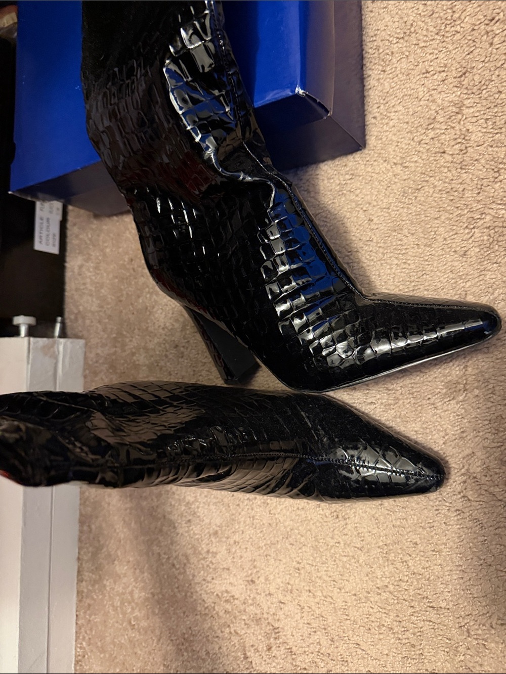 Black Croc-Embossed Pointed Toe Knee Boots
